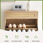 Freestanding wooden shoe cabinet with linen front, 2 flip-top drawers and closed shoe rack for a hallway, hallway or small apartment