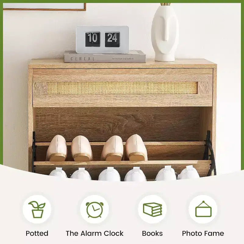 Freestanding wooden shoe cabinet with linen front, 2 flip-top drawers and closed shoe rack for a hallway, hallway or small apartment