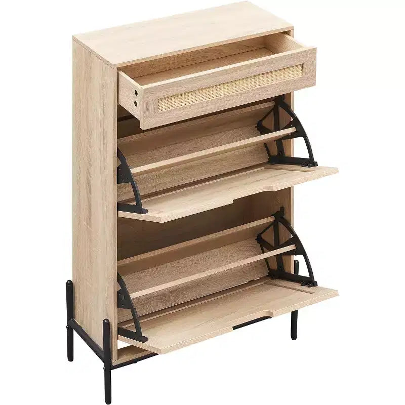 Freestanding wooden shoe cabinet with linen front, 2 flip-top drawers and closed shoe rack for a hallway, hallway or small apartment