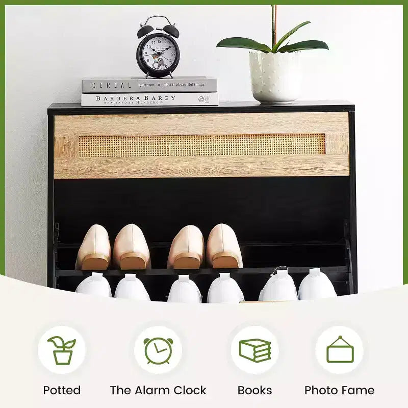 Freestanding wooden shoe cabinet with linen front, 2 flip-top drawers and closed shoe rack for a hallway, hallway or small apartment