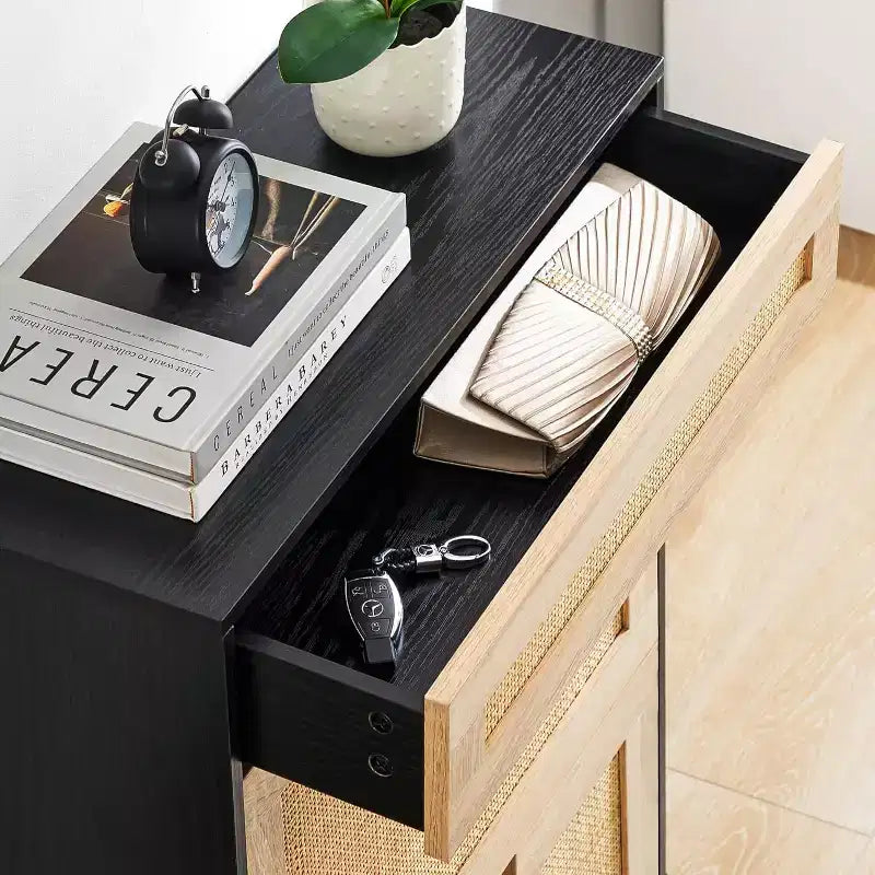 Freestanding wooden shoe cabinet with linen front, 2 flip-top drawers and closed shoe rack for a hallway, hallway or small apartment