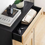Freestanding wooden shoe cabinet with linen front, 2 flip-top drawers and closed shoe rack for a hallway, hallway or small apartment