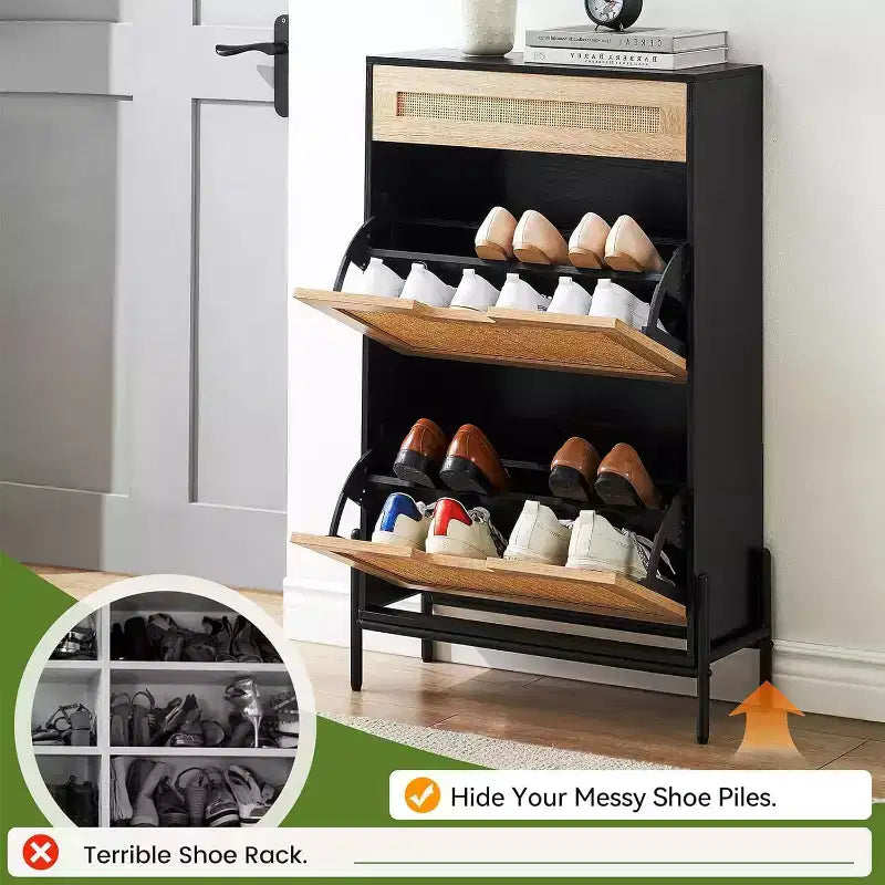 Freestanding wooden shoe cabinet with linen front, 2 flip-top drawers and closed shoe rack for a hallway, hallway or small apartment