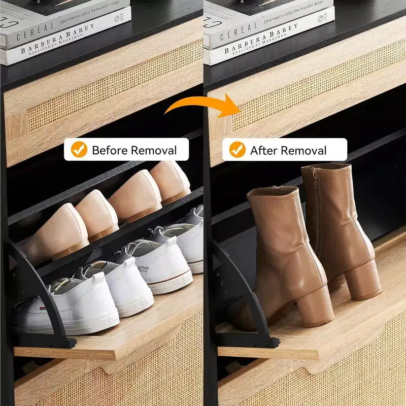 Freestanding wooden shoe cabinet with linen front, 2 flip-top drawers and closed shoe rack for a hallway, hallway or small apartment