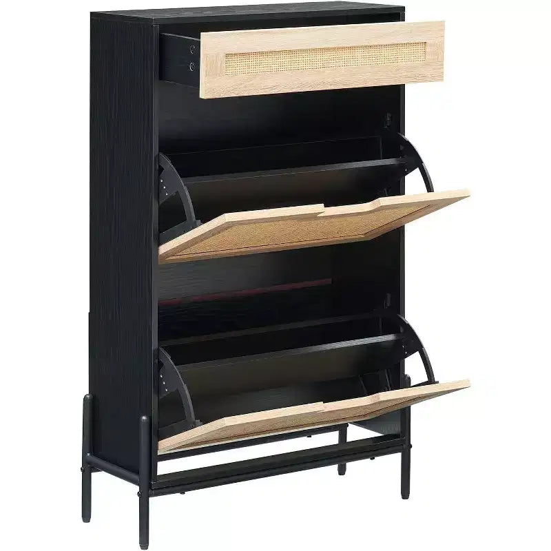 Freestanding wooden shoe cabinet with linen front, 2 flip-top drawers and closed shoe rack for a hallway, hallway or small apartment