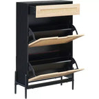 Freestanding wooden shoe cabinet with linen front, 2 flip-top drawers and closed shoe rack for a hallway, hallway or small apartment