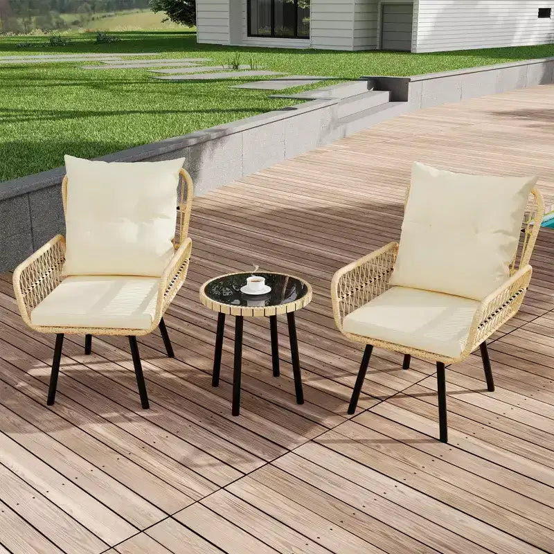 3-Piece PE Rattan Patio Furniture Set Outdoor, Waterproof UV-Resistant Wicker Chairs & Coffee Table, Cushioned Conversation Set for Garden, Balcony