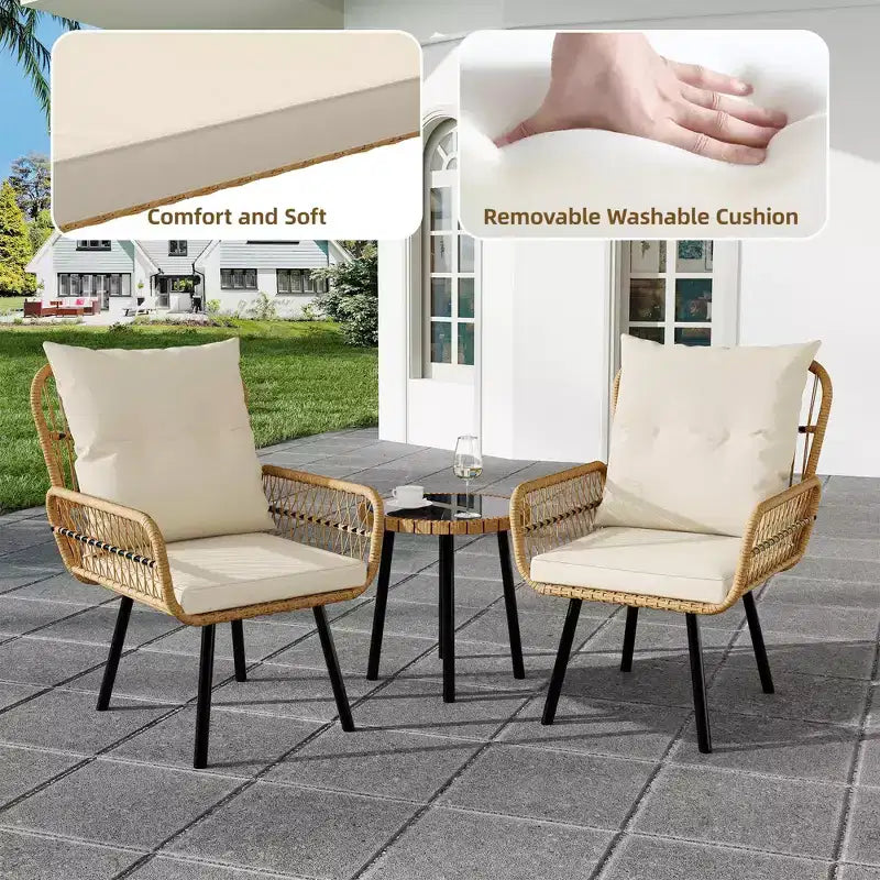 3-Piece PE Rattan Patio Furniture Set Outdoor, Waterproof UV-Resistant Wicker Chairs & Coffee Table, Cushioned Conversation Set for Garden, Balcony