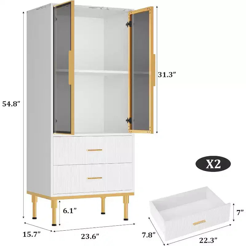 Meuble de rangement cannelé - Porte vitrée et 2 tiroirs, Étagères réglables pour Salon, Bureau et Cuisine