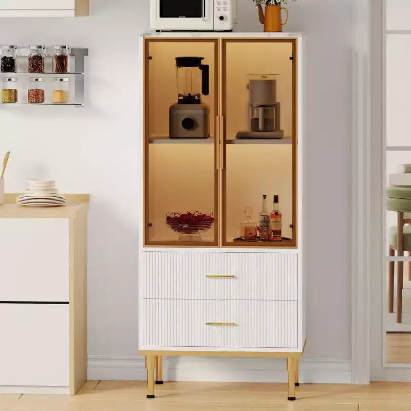 Meuble de rangement cannelé - Porte vitrée et 2 tiroirs, Étagères réglables pour Salon, Bureau et Cuisine