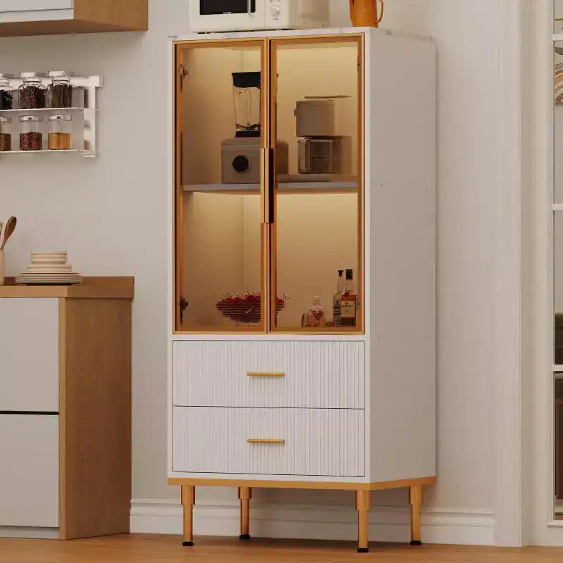 Meuble de rangement cannelé - Porte vitrée et 2 tiroirs, Étagères réglables pour Salon, Bureau et Cuisine