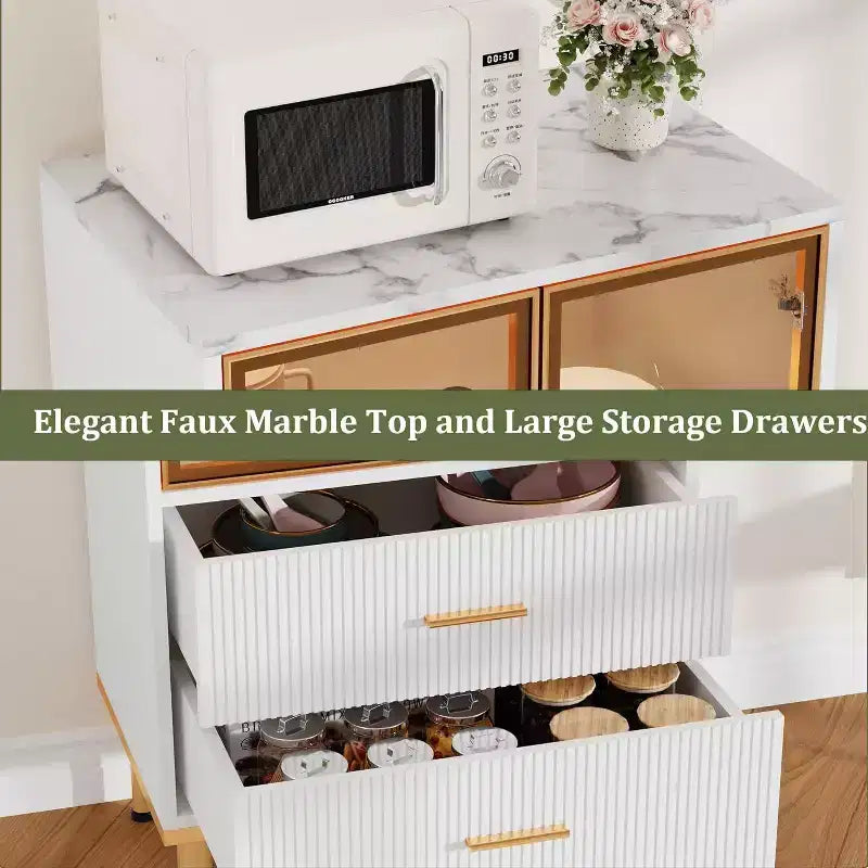 Meuble de rangement cannelé - Porte vitrée et 2 tiroirs, Étagères réglables pour Salon, Bureau et Cuisine