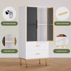 Meuble de rangement cannelé - Porte vitrée et 2 tiroirs, Étagères réglables pour Salon, Bureau et Cuisine