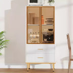Meuble de rangement cannelé - Porte vitrée et 2 tiroirs, Étagères réglables pour Salon, Bureau et Cuisine