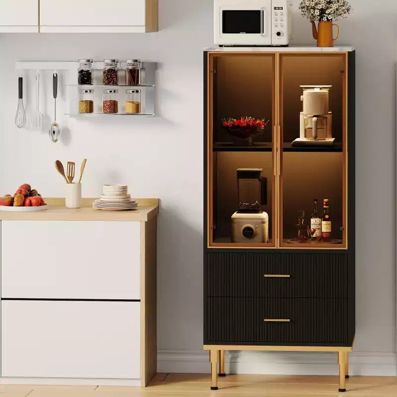 Meuble de rangement cannelé - Porte vitrée et 2 tiroirs, Étagères réglables pour Salon, Bureau et Cuisine