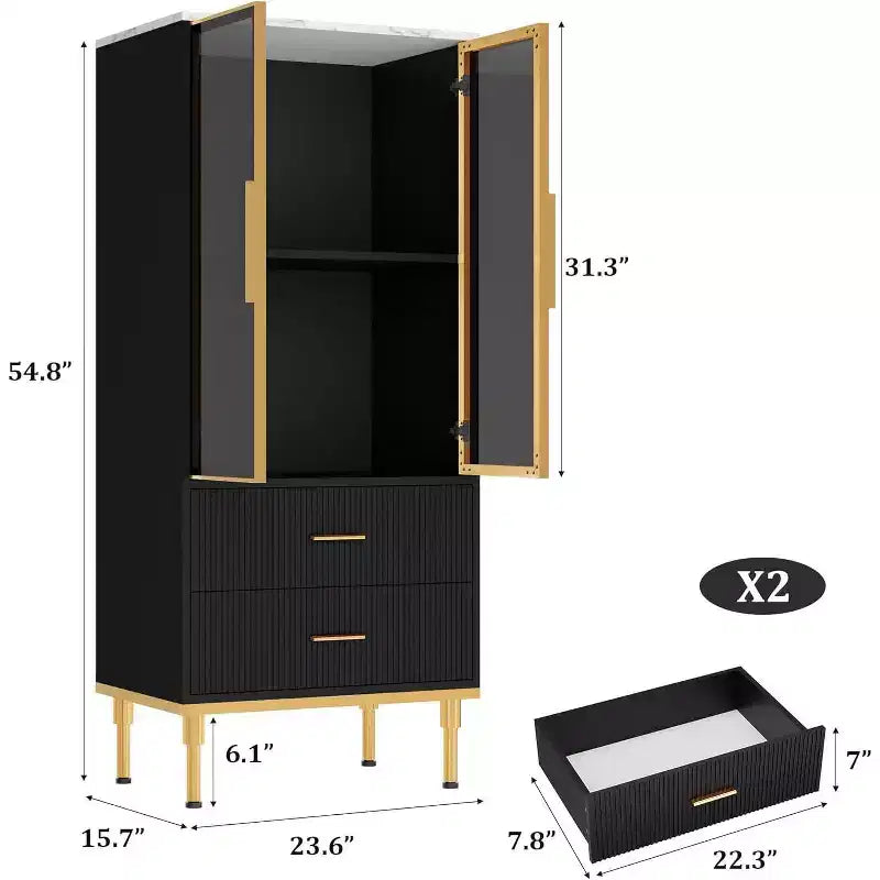 Meuble de rangement cannelé - Porte vitrée et 2 tiroirs, Étagères réglables pour Salon, Bureau et Cuisine