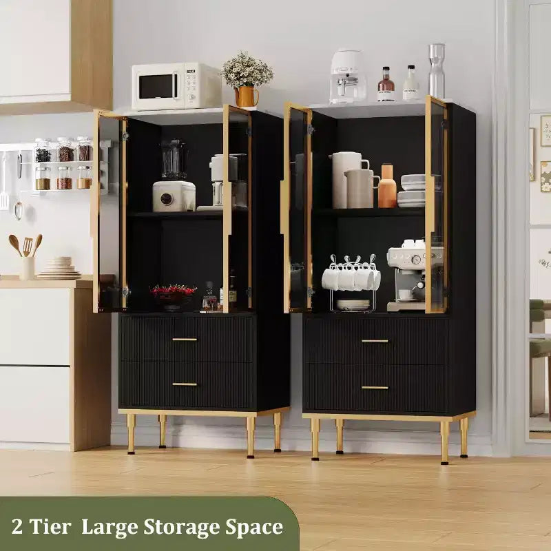 Meuble de rangement cannelé - Porte vitrée et 2 tiroirs, Étagères réglables pour Salon, Bureau et Cuisine