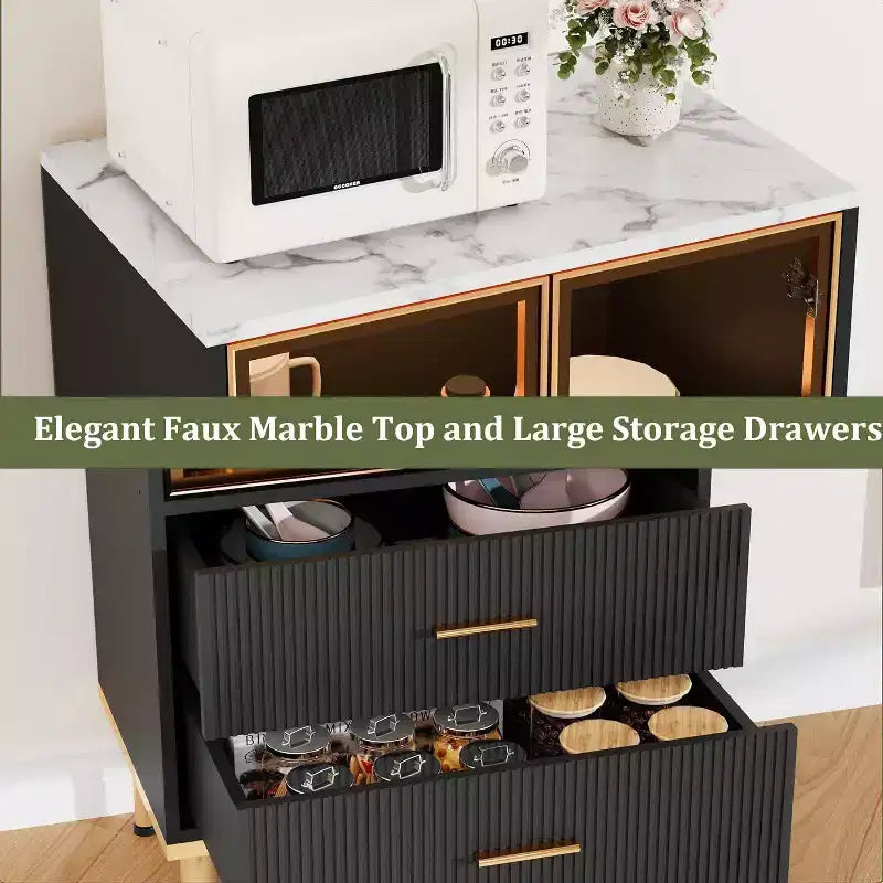Meuble de rangement cannelé - Porte vitrée et 2 tiroirs, Étagères réglables pour Salon, Bureau et Cuisine