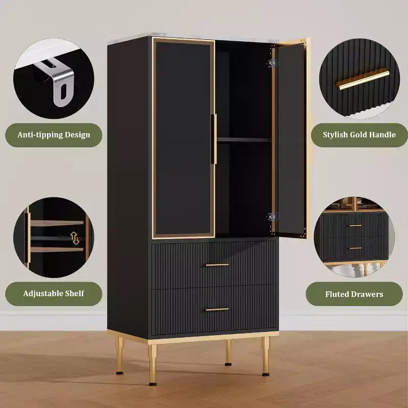 Meuble de rangement cannelé - Porte vitrée et 2 tiroirs, Étagères réglables pour Salon, Bureau et Cuisine