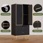 Meuble de rangement cannelé - Porte vitrée et 2 tiroirs, Étagères réglables pour Salon, Bureau et Cuisine
