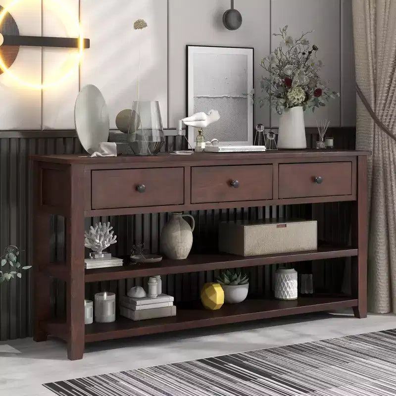 Okak 50IN Retro Console Table with 3 Drawers, Entryway Table with Wood Frame and Legs, Hallway Table with Two Shelves for Living Room, Foyer
