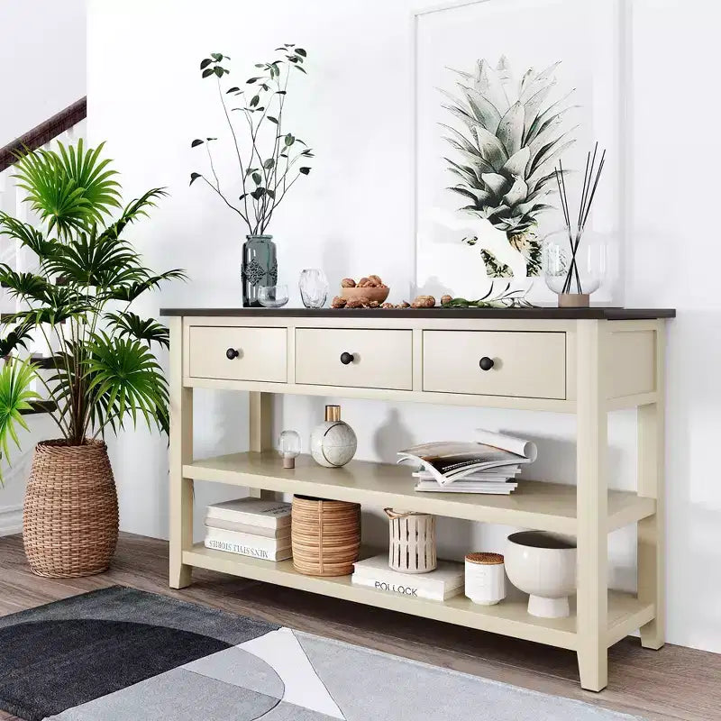Okak 50IN Retro Console Table with 3 Drawers, Entryway Table with Wood Frame and Legs, Hallway Table with Two Shelves for Living Room, Foyer
