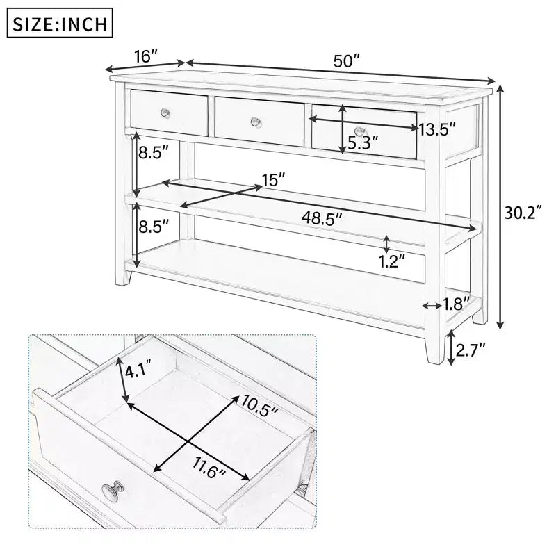 Okak 50IN Retro Console Table with 3 Drawers, Entryway Table with Wood Frame and Legs, Hallway Table with Two Shelves for Living Room, Foyer
