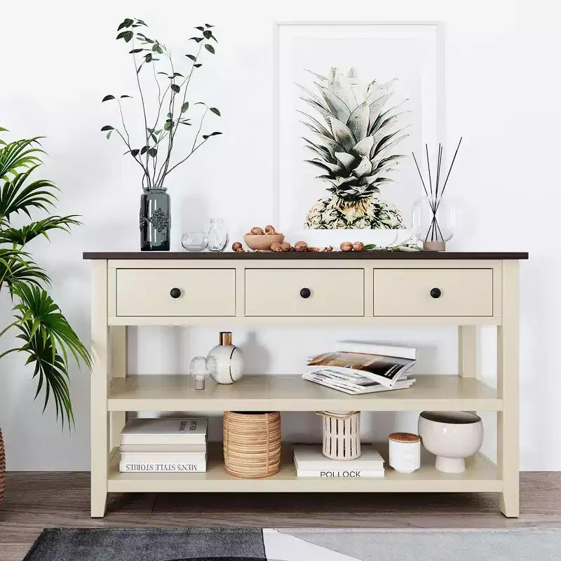 Okak 50IN Retro Console Table with 3 Drawers, Entryway Table with Wood Frame and Legs, Hallway Table with Two Shelves for Living Room, Foyer