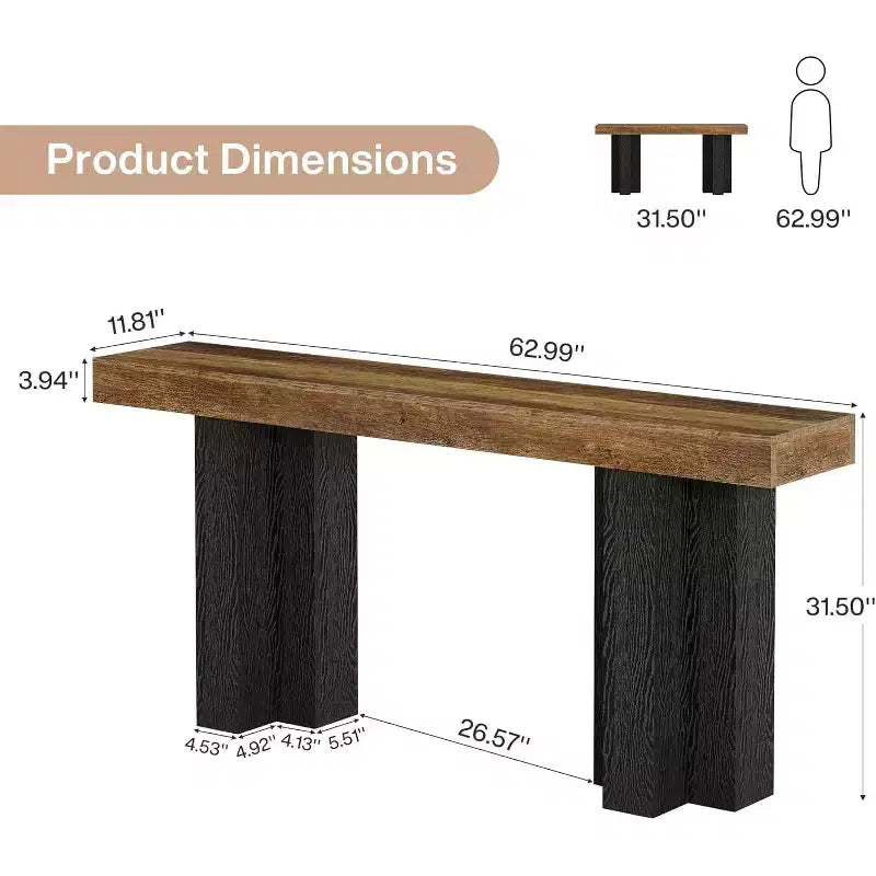 Lantine 63Table Console de Ferme avec Pieds Robustes, Console Étroite et Longue pour Canapé Derrière le Canapé pour Salon, Couloir, Marron Rustique et Noir