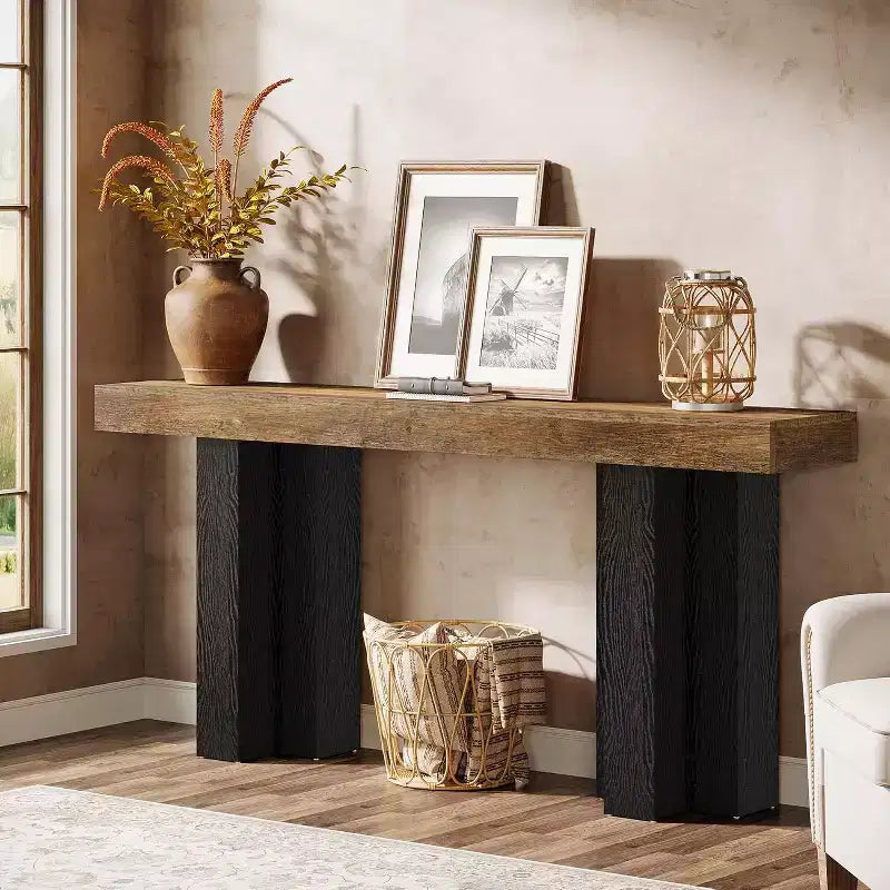 Lantine 63Table Console de Ferme avec Pieds Robustes, Console Étroite et Longue pour Canapé Derrière le Canapé pour Salon, Couloir, Marron Rustique et Noir