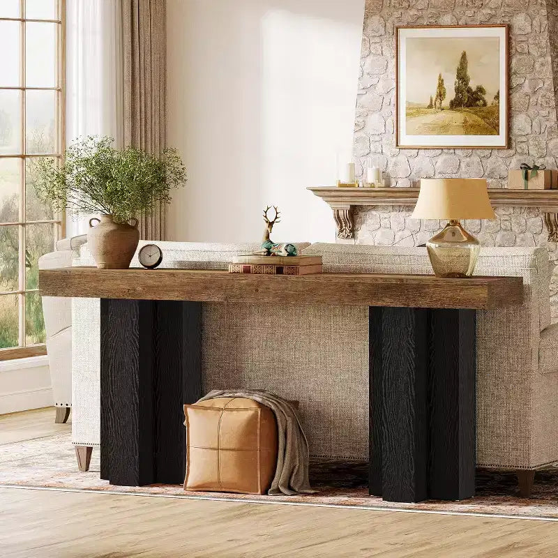 Lantine 63Table Console de Ferme avec Pieds Robustes, Console Étroite et Longue pour Canapé Derrière le Canapé pour Salon, Couloir, Marron Rustique et Noir