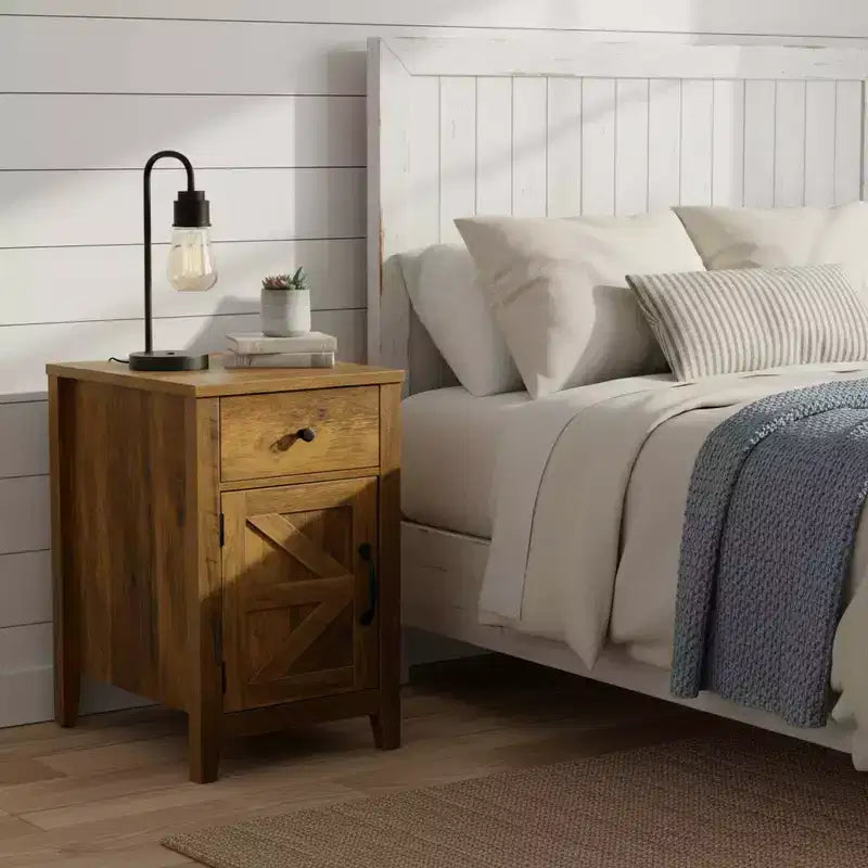 Homy Casa Nightstand  Farmhouse End Table with Drawer and Barn Door Cabinet