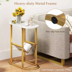 Costway Lot de 2 tables d'appoint avec plateau en faux marbre et porte-revues Cadre en métal robuste Marron/Blanc