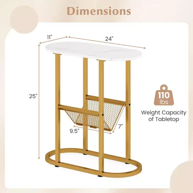Costway Lot de 2 tables d'appoint avec plateau en faux marbre et porte-revues Cadre en métal robuste Marron/Blanc