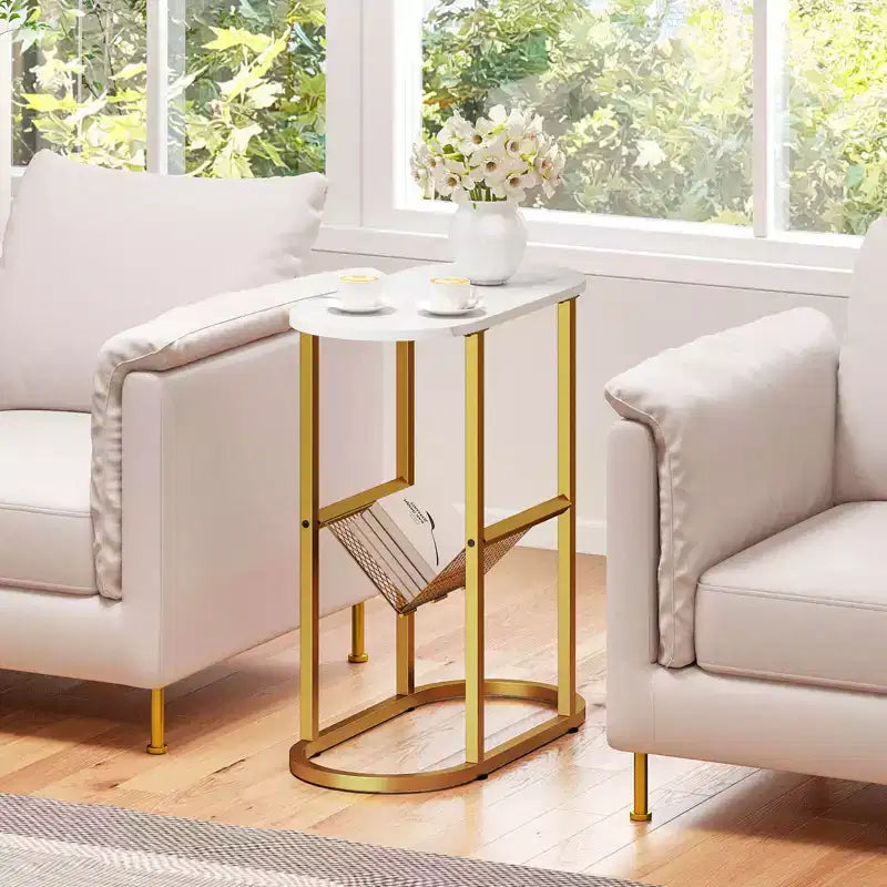 Costway Lot de 2 tables d'appoint avec plateau en faux marbre et porte-revues Cadre en métal robuste Marron/Blanc
