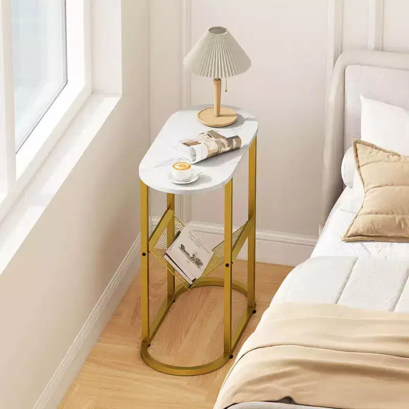 Costway Lot de 2 tables d'appoint avec plateau en faux marbre et porte-revues Cadre en métal robuste Marron/Blanc