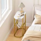 Costway Lot de 2 tables d'appoint avec plateau en faux marbre et porte-revues Cadre en métal robuste Marron/Blanc