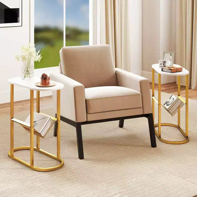 Costway Lot de 2 tables d'appoint avec plateau en faux marbre et porte-revues Cadre en métal robuste Marron/Blanc
