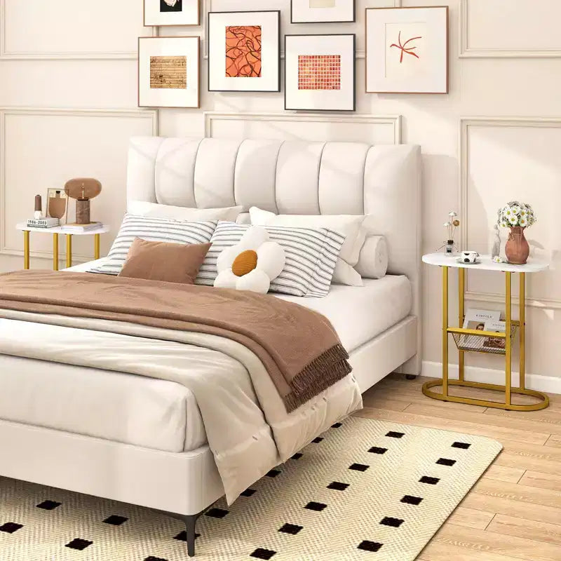 Costway Lot de 2 tables d'appoint avec plateau en faux marbre et porte-revues Cadre en métal robuste Marron/Blanc