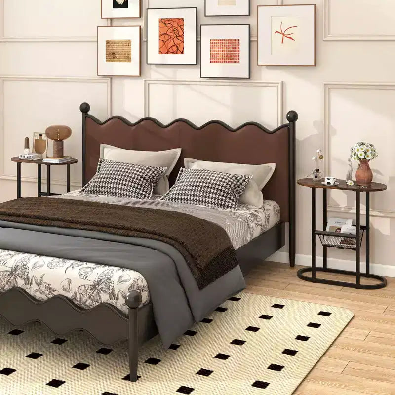 Costway Lot de 2 tables d'appoint avec plateau en faux marbre et porte-revues Cadre en métal robuste Marron/Blanc