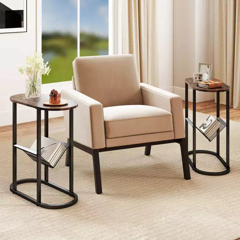 Costway Lot de 2 tables d'appoint avec plateau en faux marbre et porte-revues Cadre en métal robuste Marron/Blanc