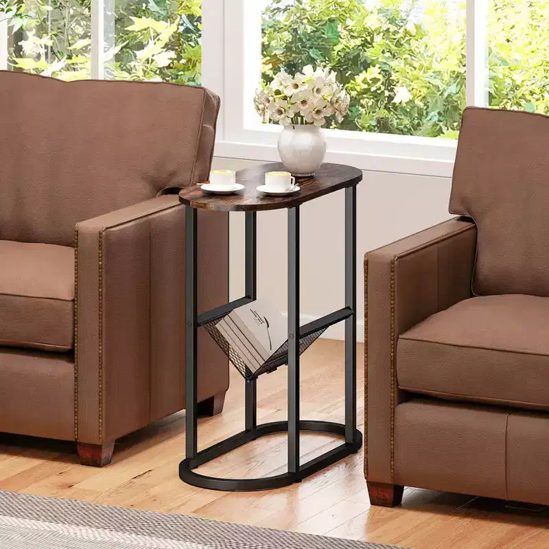 Costway Lot de 2 tables d'appoint avec plateau en faux marbre et porte-revues Cadre en métal robuste Marron/Blanc