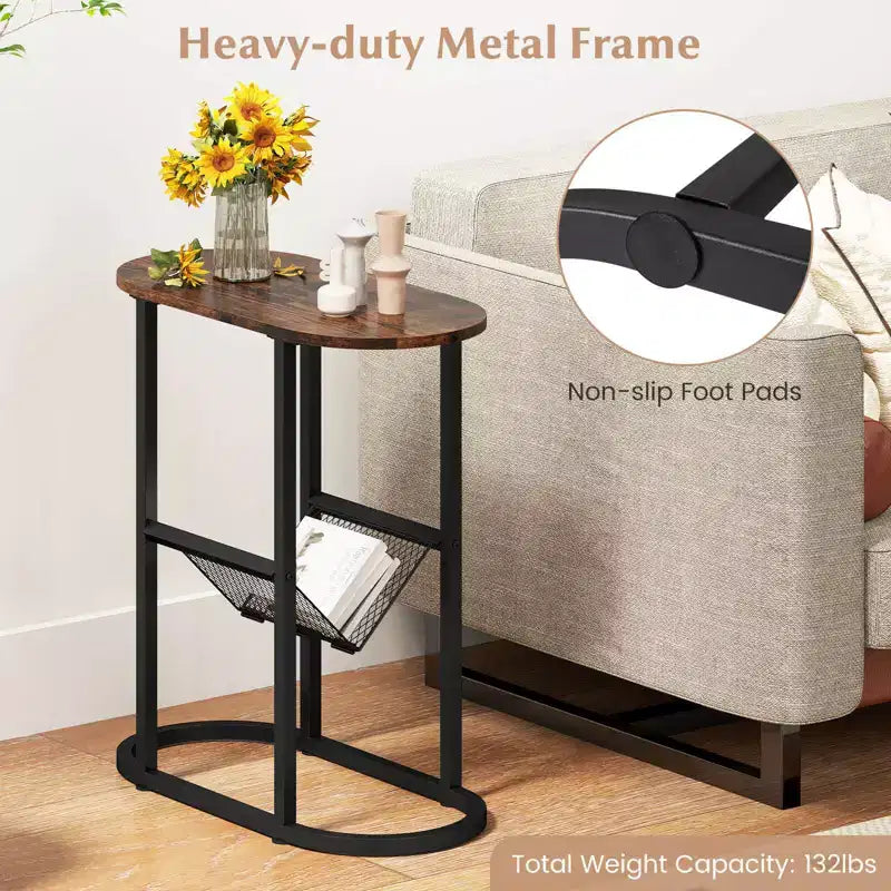 Costway Lot de 2 tables d'appoint avec plateau en faux marbre et porte-revues Cadre en métal robuste Marron/Blanc