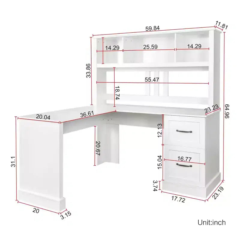 Okak 59.84IN Minimalism L Shaped Desk with Bookshelf, Standing Desk with 2 Drawers, Gaming Desk for Study, Reading Room, Office