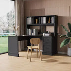 Okak 59.84IN Minimalism L Shaped Desk with Bookshelf, Standing Desk with 2 Drawers, Gaming Desk for Study, Reading Room, Office