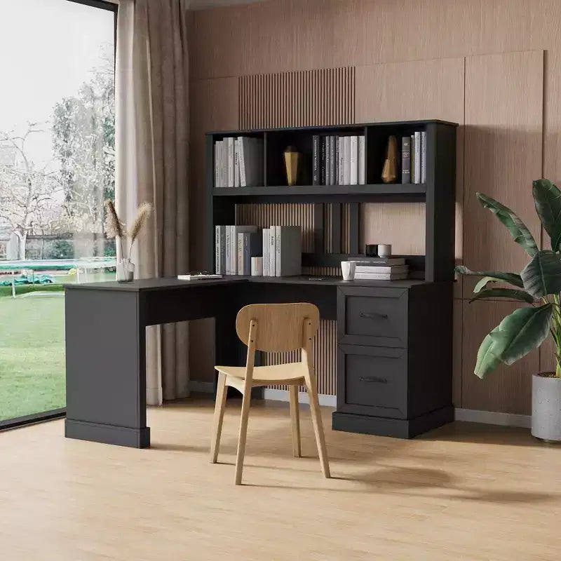 Okak 59.84IN Minimalism L Shaped Desk with Bookshelf, Standing Desk with 2 Drawers, Gaming Desk for Study, Reading Room, Office