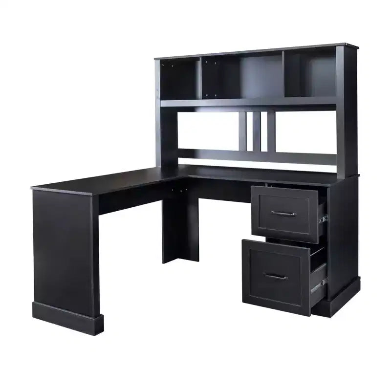 Okak 59.84IN Minimalism L Shaped Desk with Bookshelf, Standing Desk with 2 Drawers, Gaming Desk for Study, Reading Room, Office