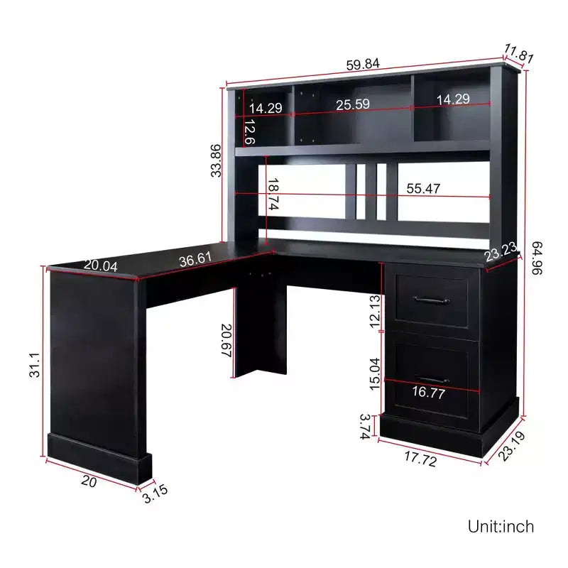 Okak 59.84IN Minimalism L Shaped Desk with Bookshelf, Standing Desk with 2 Drawers, Gaming Desk for Study, Reading Room, Office