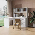 Okak 59.84IN Minimalism L Shaped Desk with Bookshelf, Standing Desk with 2 Drawers, Gaming Desk for Study, Reading Room, Office