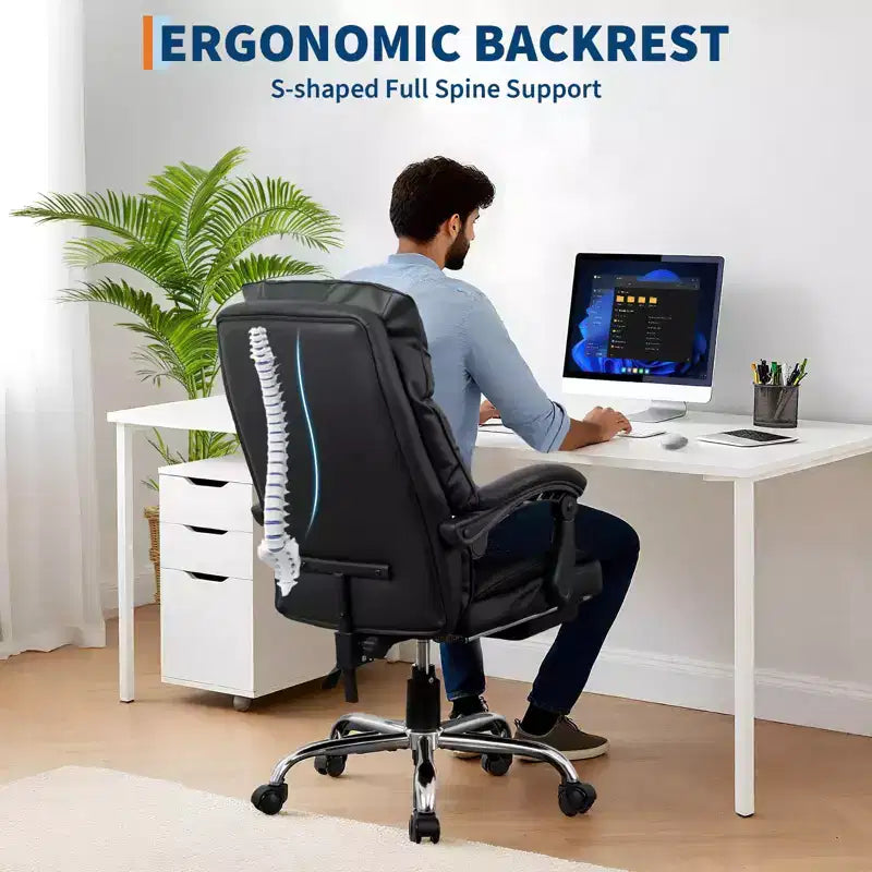 Fauteuil de bureau de direction à dossier hautCChaise de bureau en cuir PU noir avec repose-pieds, pivotement à 360° et support ergonomiqueCChaise d'ordinateur/gaming confortable pour la maison